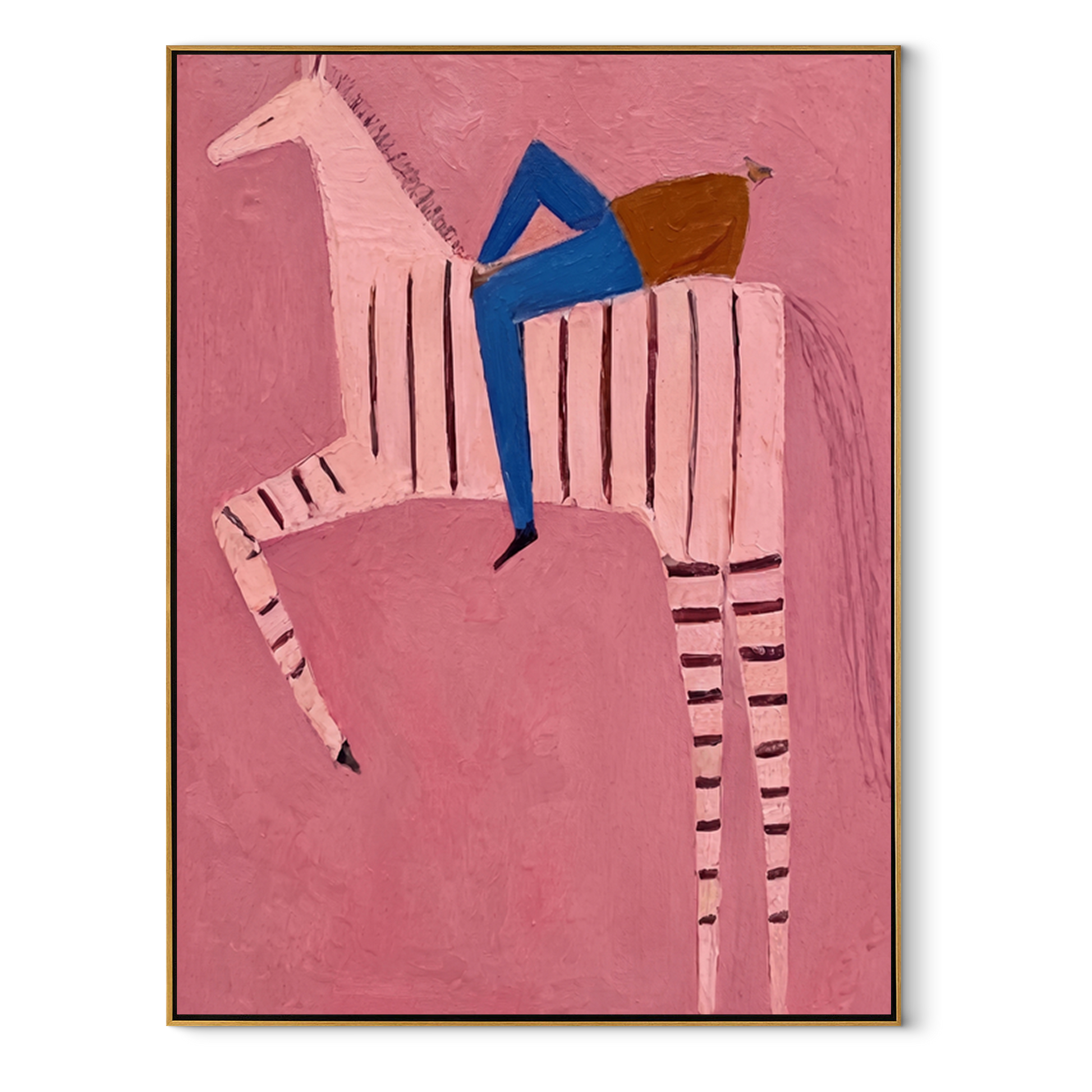 Blue Rider Climbs Pink - pink striped horse rider painting by Isabelle Laurent, modern Western vertical wall art – wood frame on white background