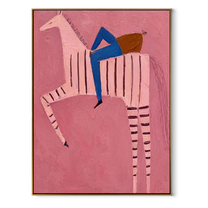 Blue Rider Climbs Pink - pink striped horse rider painting by Isabelle Laurent, modern Western vertical wall art – wood frame on white background