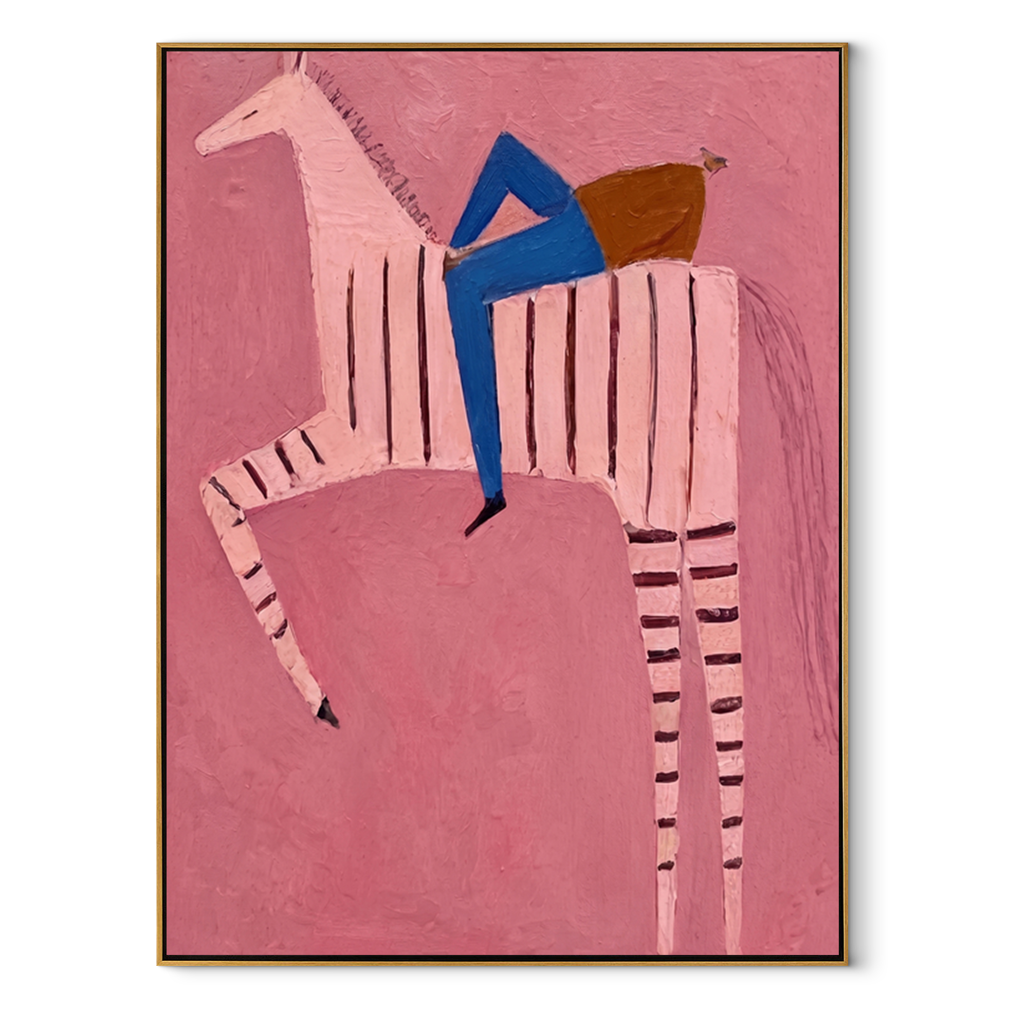 Blue Rider Climbs Pink - pink striped horse rider painting by Isabelle Laurent, modern Western vertical wall art – wood frame on white background