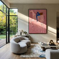 Blue Rider Climbs Pink - pink striped horse rider painting by Isabelle Laurent, modern Western vertical wall art – styled room scene view 2
