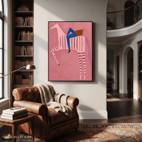 Blue Rider Climbs Pink - pink striped horse rider painting by Isabelle Laurent, modern Western vertical wall art – styled room scene view 4