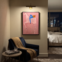 Blue Rider Climbs Pink - pink striped horse rider painting by Isabelle Laurent, modern Western vertical wall art – styled room scene view 5