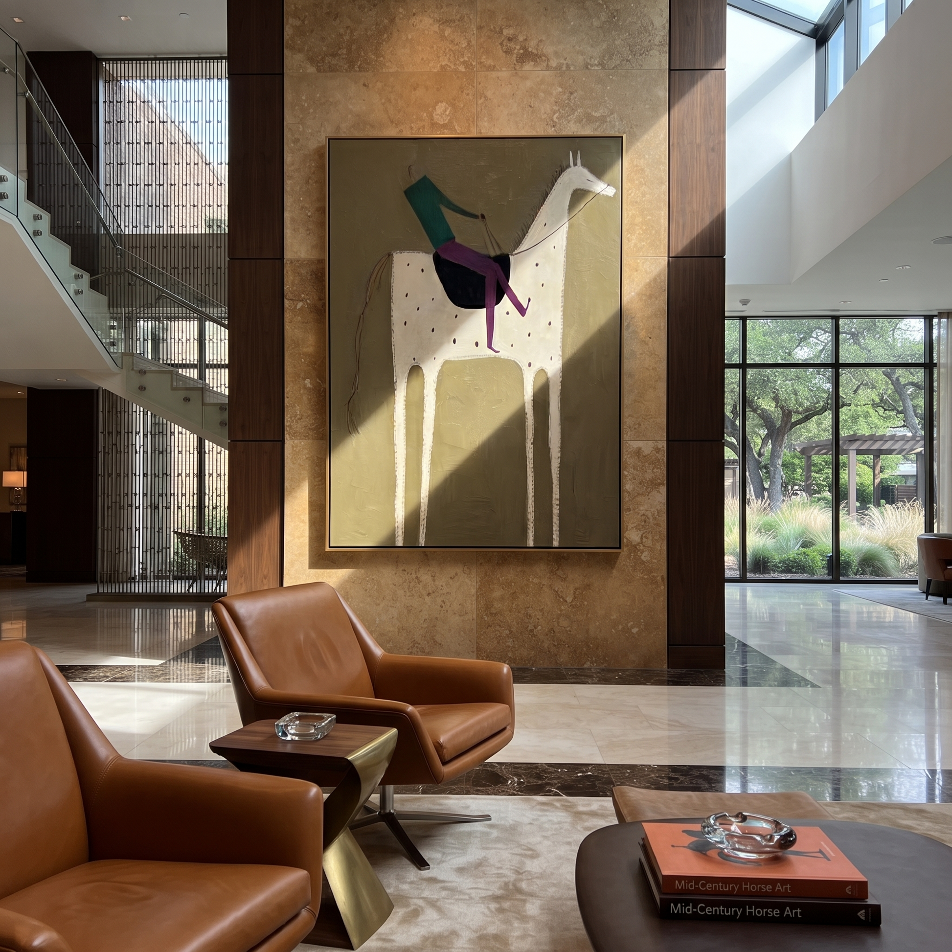 White Horse Carries Green - spotted white horse rider painting by Isabelle Laurent, modern Western vertical wall art – styled room scene view 1