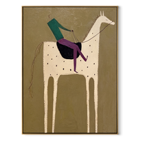 White Horse Carries Green - spotted white horse rider painting by Isabelle Laurent, modern Western vertical wall art – wood frame on white background