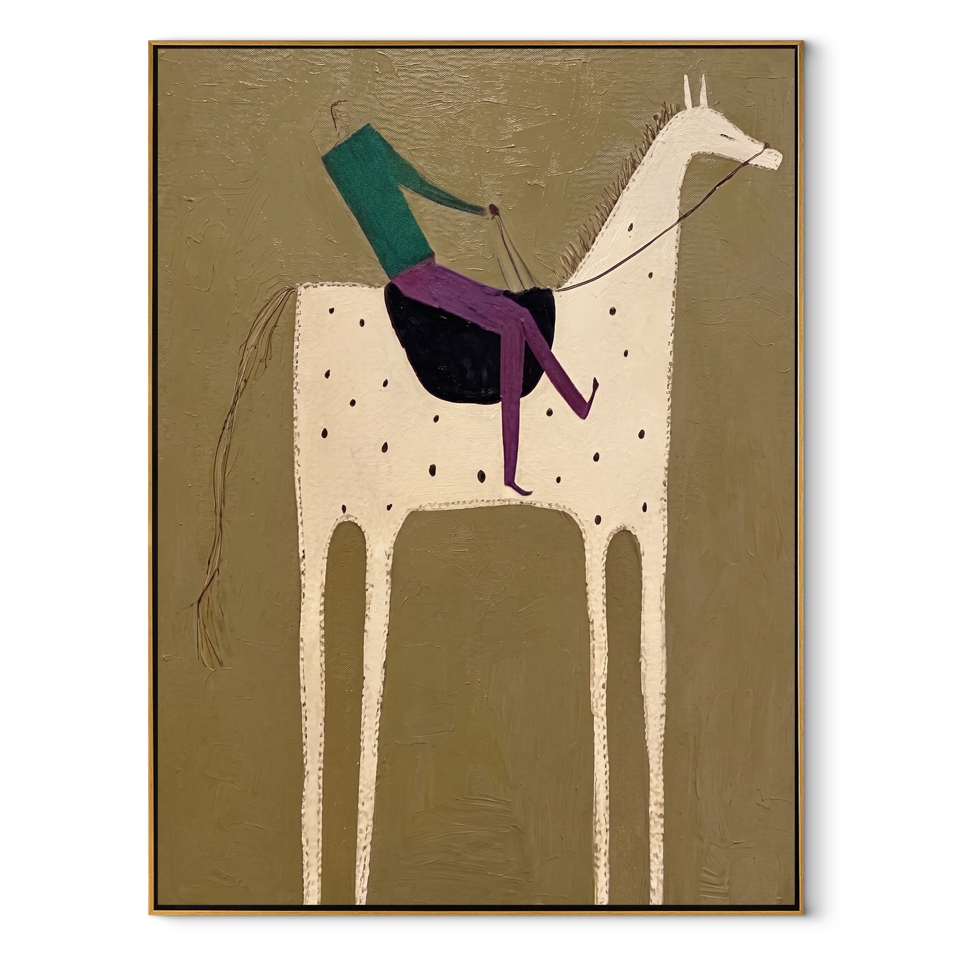 White Horse Carries Green - spotted white horse rider painting by Isabelle Laurent, modern Western vertical wall art – wood frame on white background
