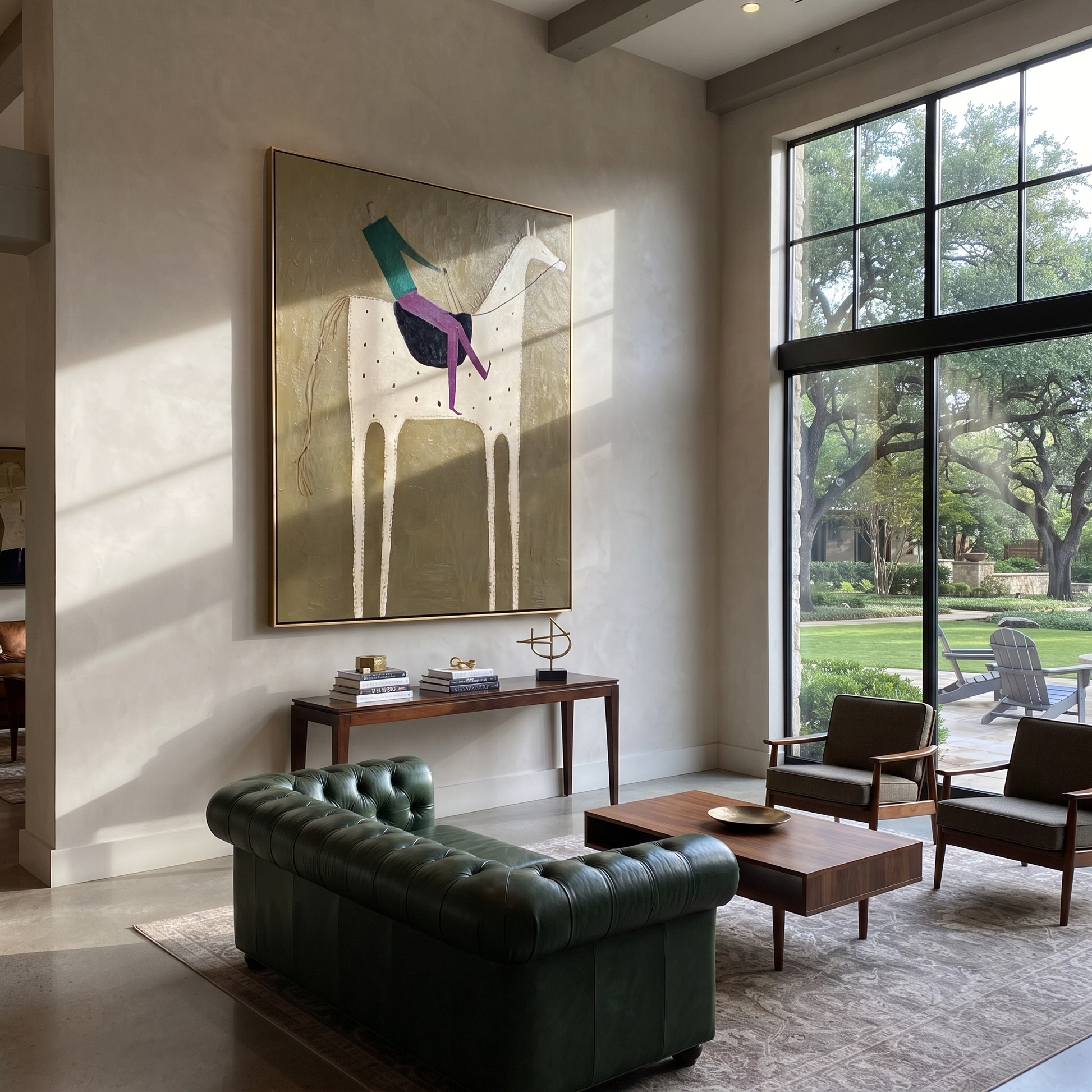 White Horse Carries Green - spotted white horse rider painting by Isabelle Laurent, modern Western vertical wall art – styled room scene view 2