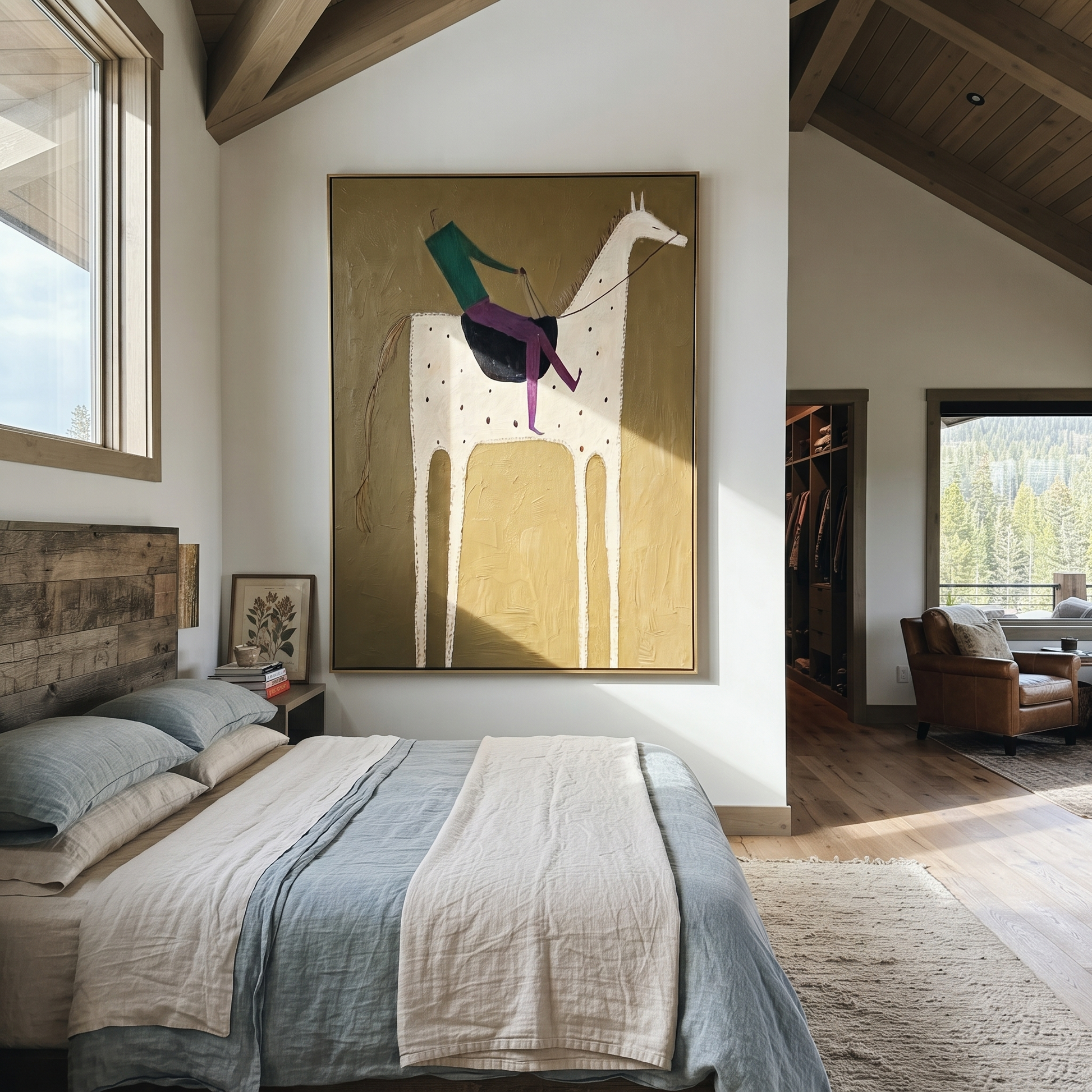 White Horse Carries Green - spotted white horse rider painting by Isabelle Laurent, modern Western vertical wall art – styled room scene view 4