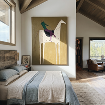 White Horse Carries Green - spotted white horse rider painting by Isabelle Laurent, modern Western vertical wall art – styled room scene view 4