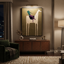 White Horse Carries Green - spotted white horse rider painting by Isabelle Laurent, modern Western vertical wall art – styled room scene view 5