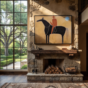 Blue Star Pulls Rein - black horse rider painting by Isabelle Laurent, modern Western horizontal wall art – styled room scene view 1