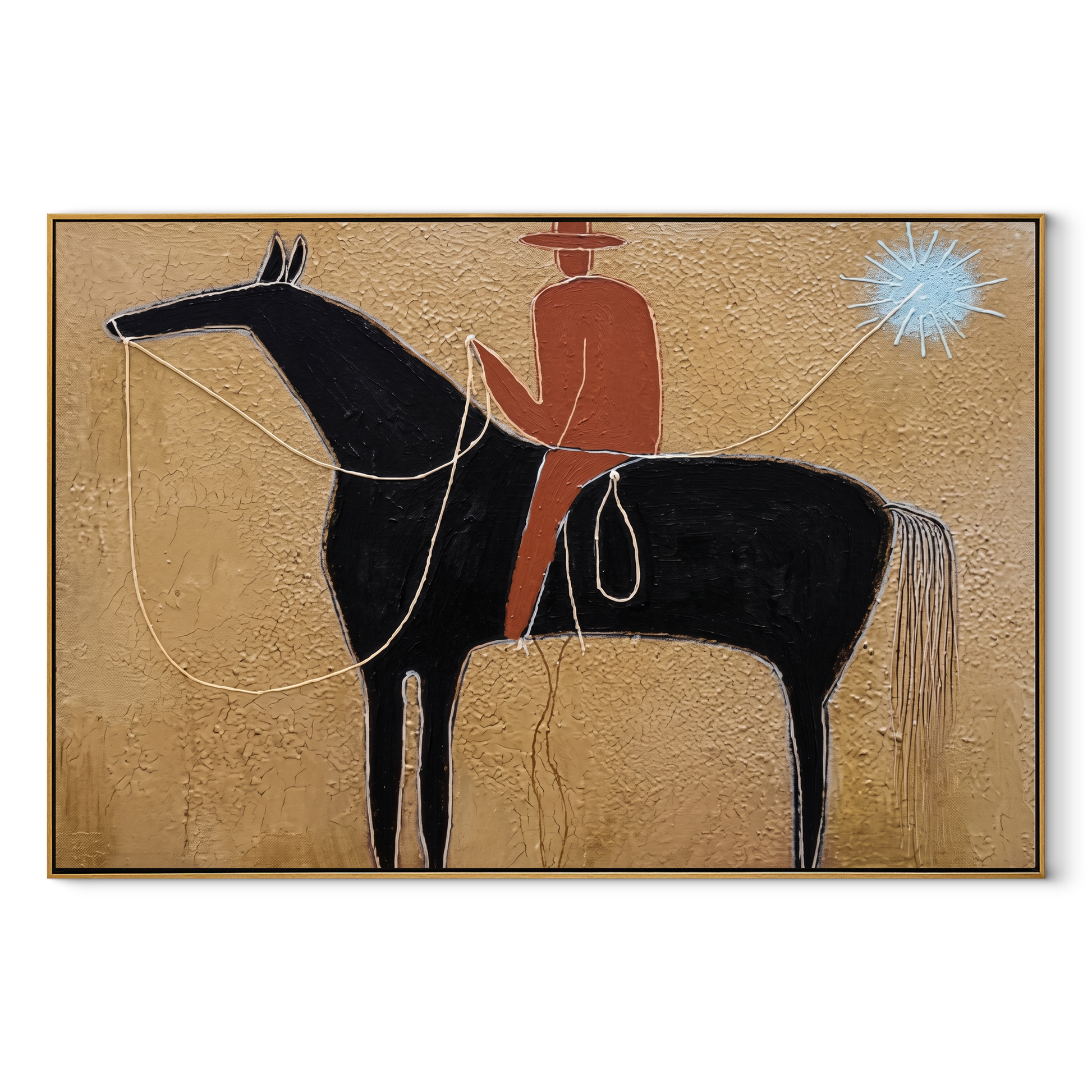 Blue Star Pulls Rein - black horse rider painting by Isabelle Laurent, modern Western horizontal wall art – wood frame on white background