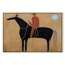 Blue Star Pulls Rein - black horse rider painting by Isabelle Laurent, modern Western horizontal wall art – wood frame on white background