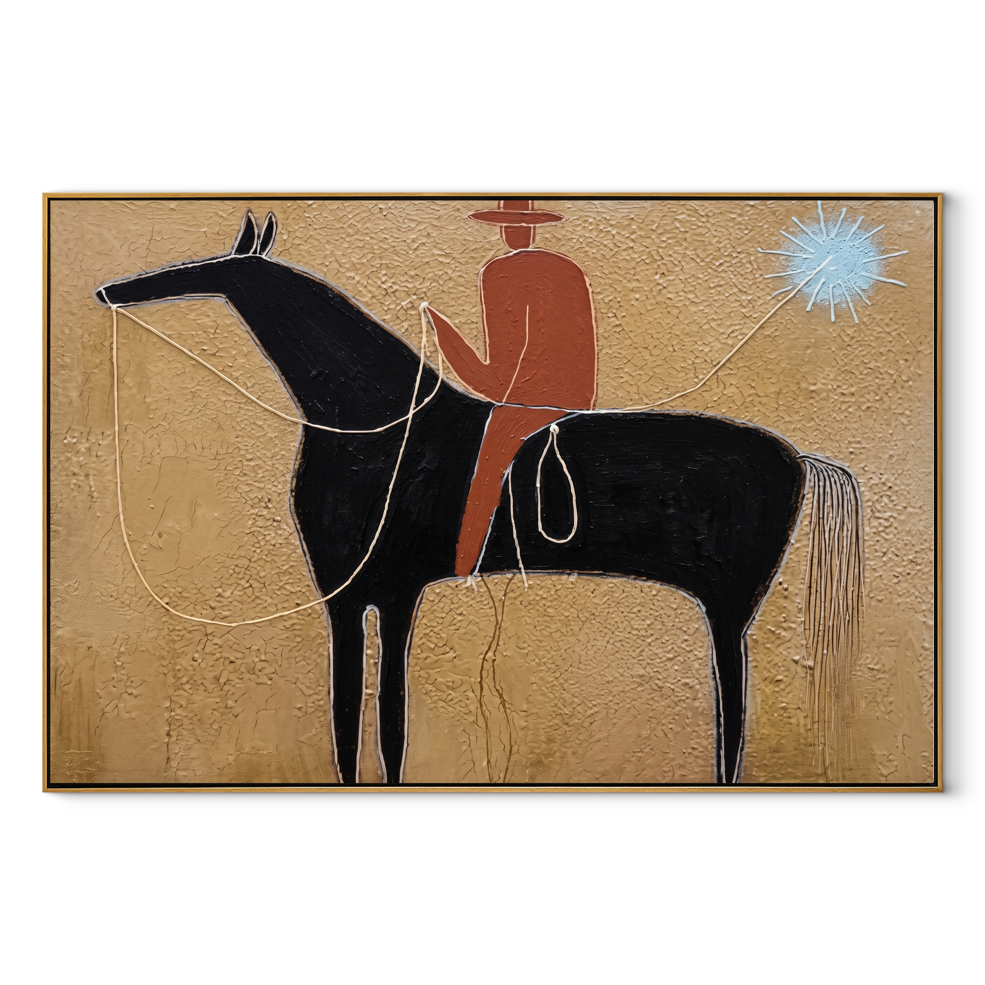 Blue Star Pulls Rein - black horse rider painting by Isabelle Laurent, modern Western horizontal wall art – wood frame on white background