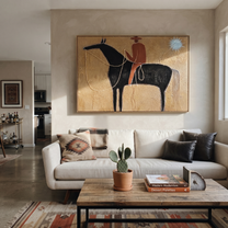 Blue Star Pulls Rein - black horse rider painting by Isabelle Laurent, modern Western horizontal wall art – styled room scene view 2
