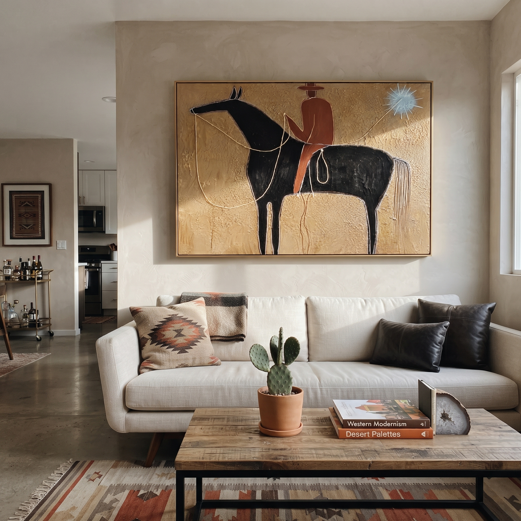 Blue Star Pulls Rein - black horse rider painting by Isabelle Laurent, modern Western horizontal wall art – styled room scene view 2