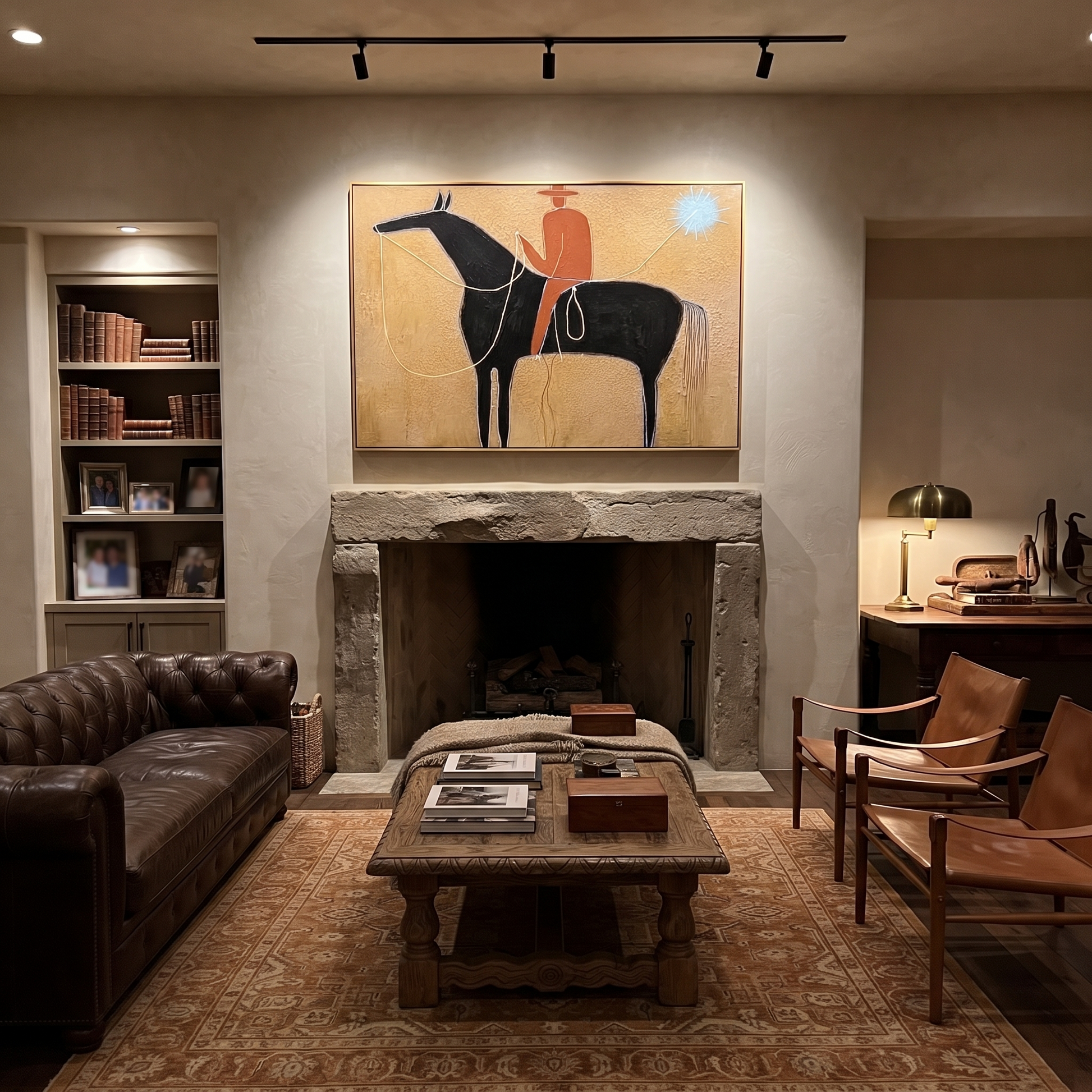 Blue Star Pulls Rein - black horse rider painting by Isabelle Laurent, modern Western horizontal wall art – styled room scene view 4