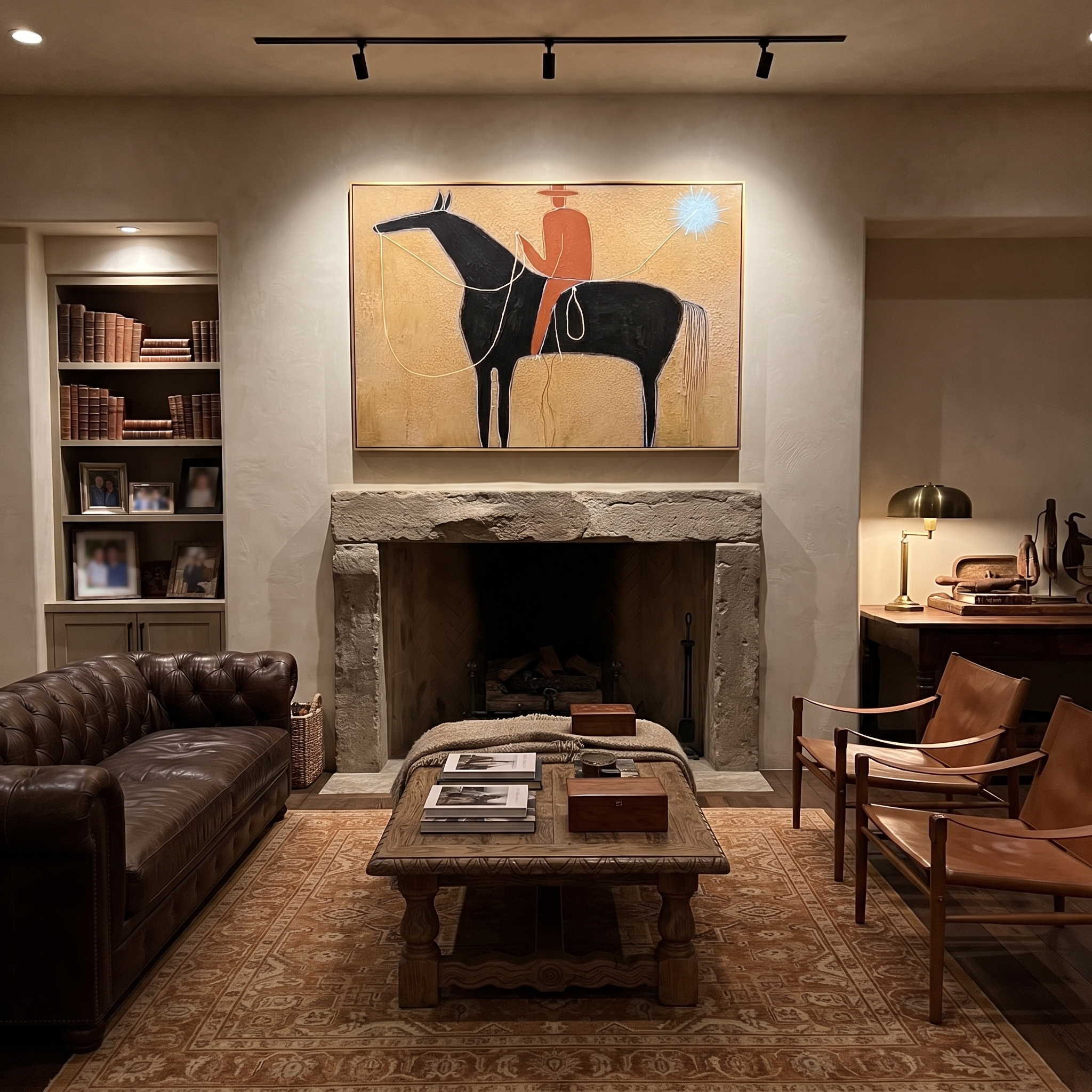 Blue Star Pulls Rein - black horse rider painting by Isabelle Laurent, modern Western horizontal wall art – styled room scene view 4