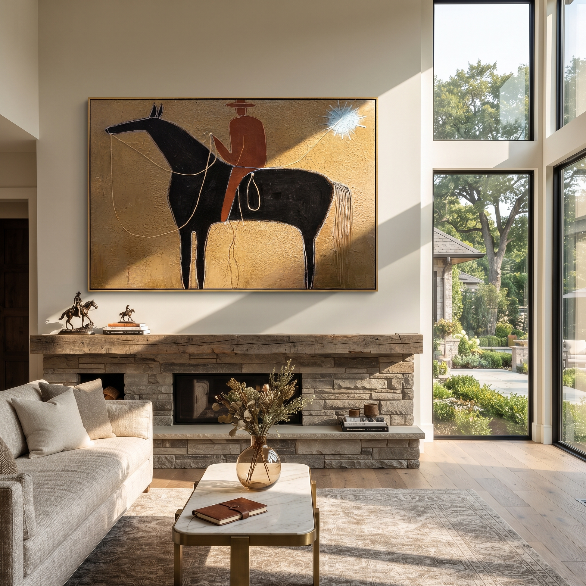 Blue Star Pulls Rein - black horse rider painting by Isabelle Laurent, modern Western horizontal wall art – styled room scene view 5