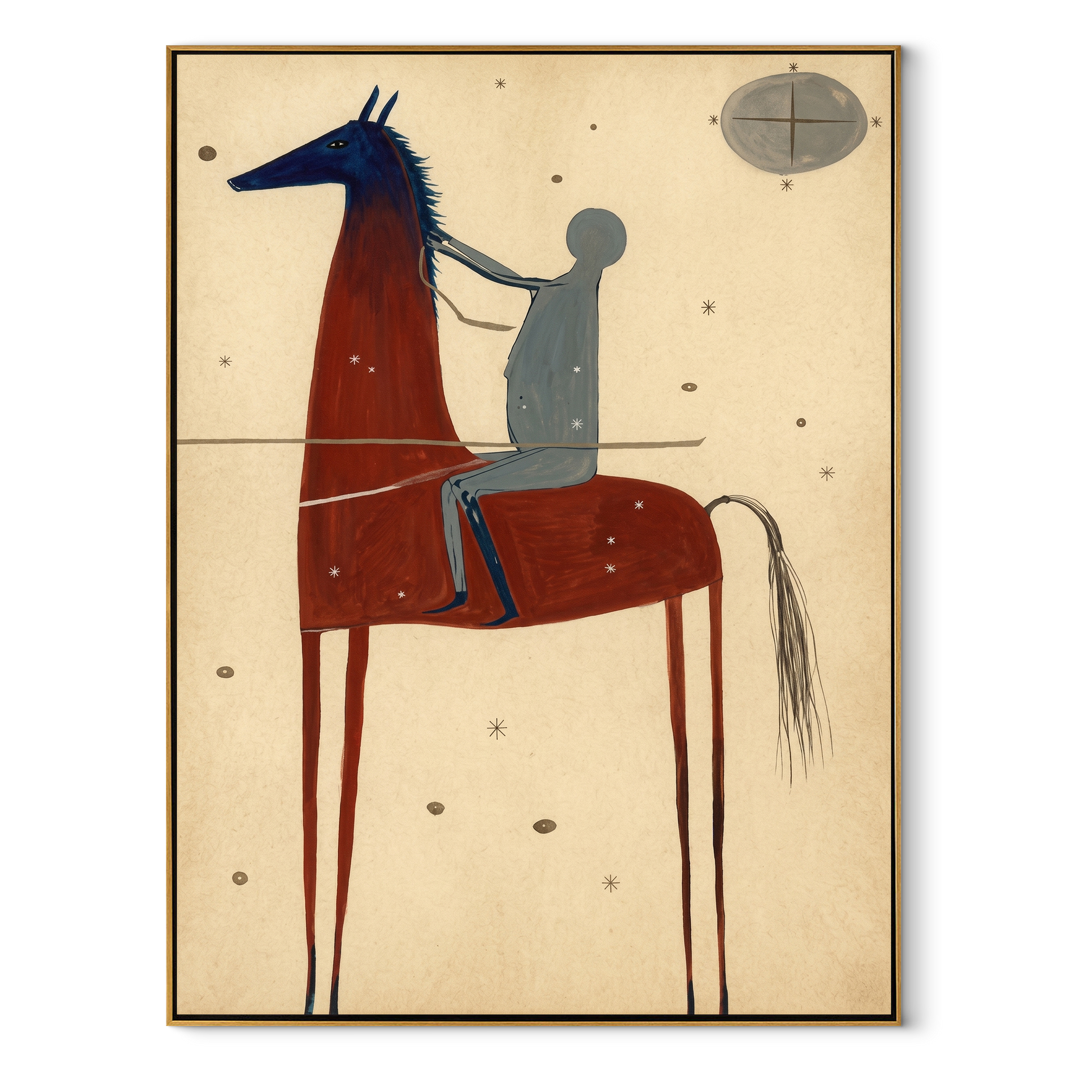 Moon Watches Red Horse - red horse rider painting by Isabelle Laurent, modern Western vertical wall art – wood frame on white background