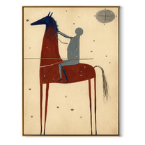 Moon Watches Red Horse - red horse rider painting by Isabelle Laurent, modern Western vertical wall art – wood frame on white background