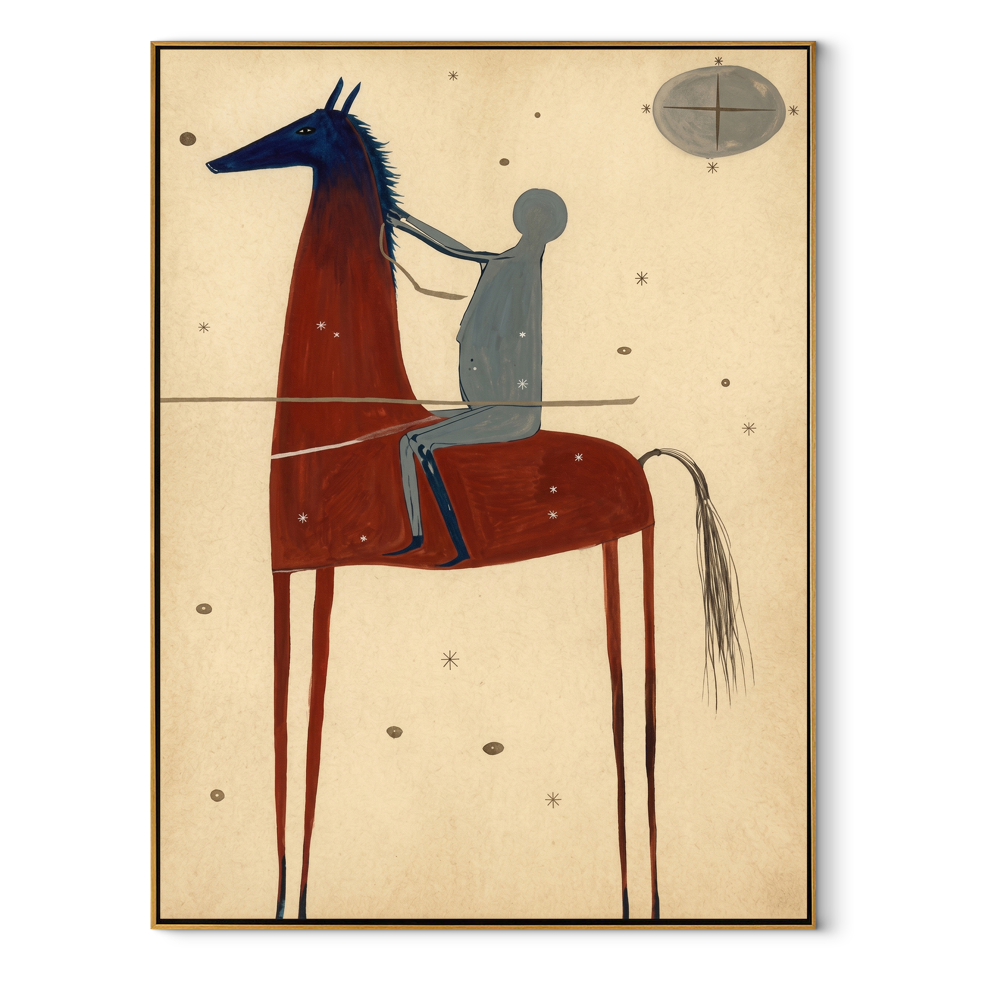 Moon Watches Red Horse - red horse rider painting by Isabelle Laurent, modern Western vertical wall art – wood frame on white background