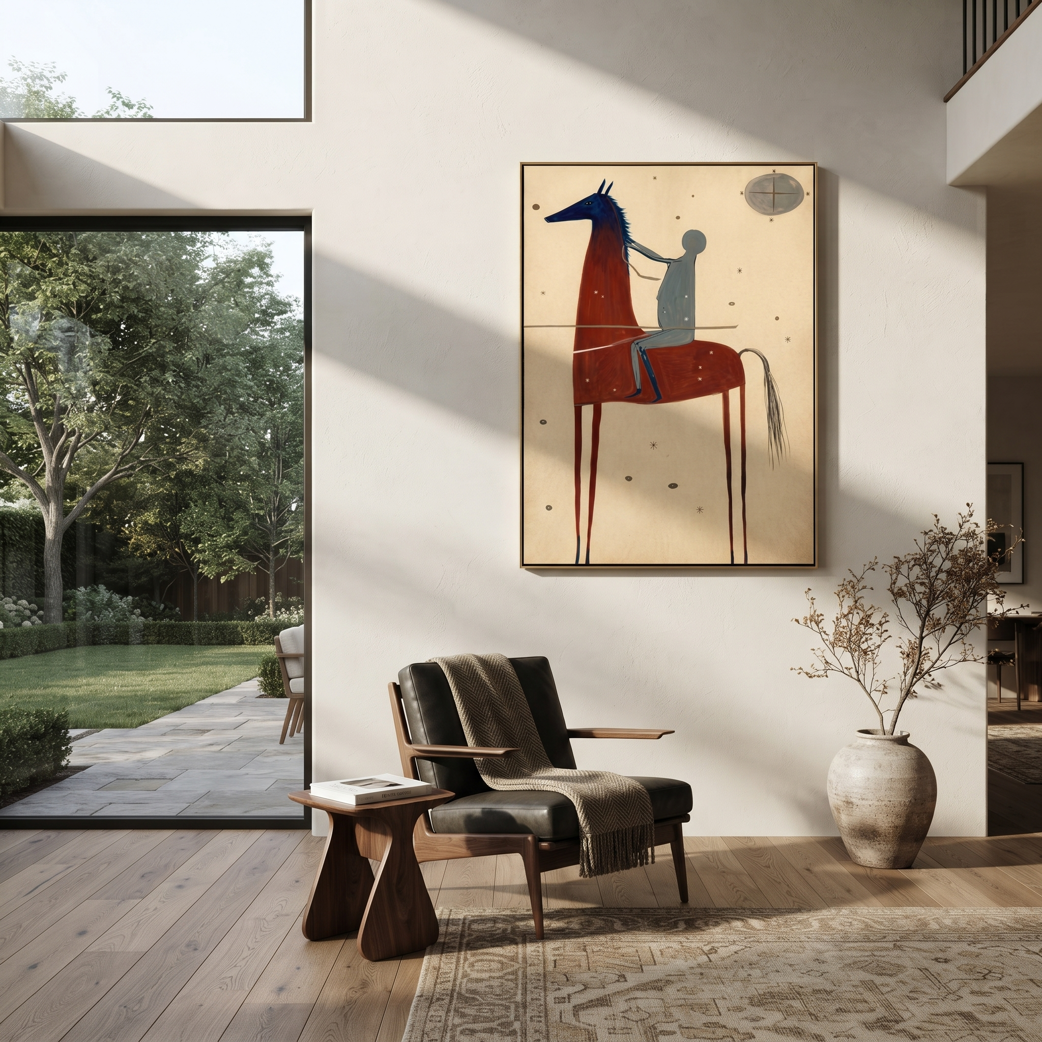 Moon Watches Red Horse - red horse rider painting by Isabelle Laurent, modern Western vertical wall art – styled room scene view 2