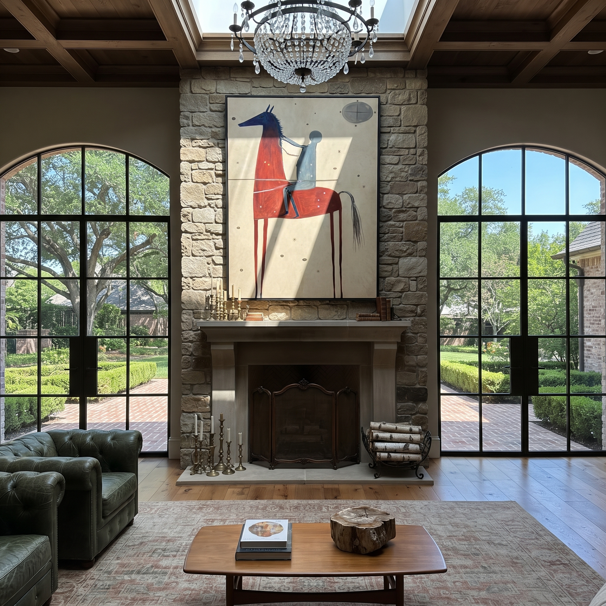 Moon Watches Red Horse - red horse rider painting by Isabelle Laurent, modern Western vertical wall art – styled room scene view 3