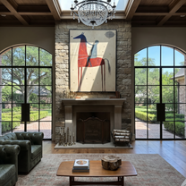 Moon Watches Red Horse - red horse rider painting by Isabelle Laurent, modern Western vertical wall art – styled room scene view 3