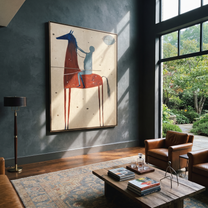 Moon Watches Red Horse - red horse rider painting by Isabelle Laurent, modern Western vertical wall art – styled room scene view 4