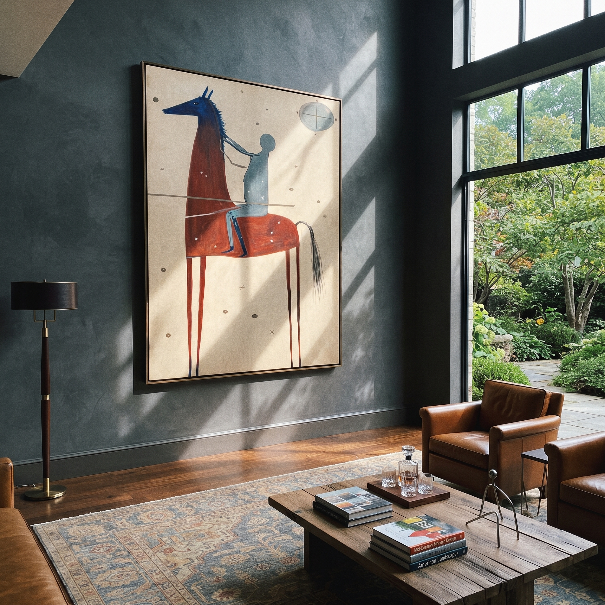 Moon Watches Red Horse - red horse rider painting by Isabelle Laurent, modern Western vertical wall art – styled room scene view 4
