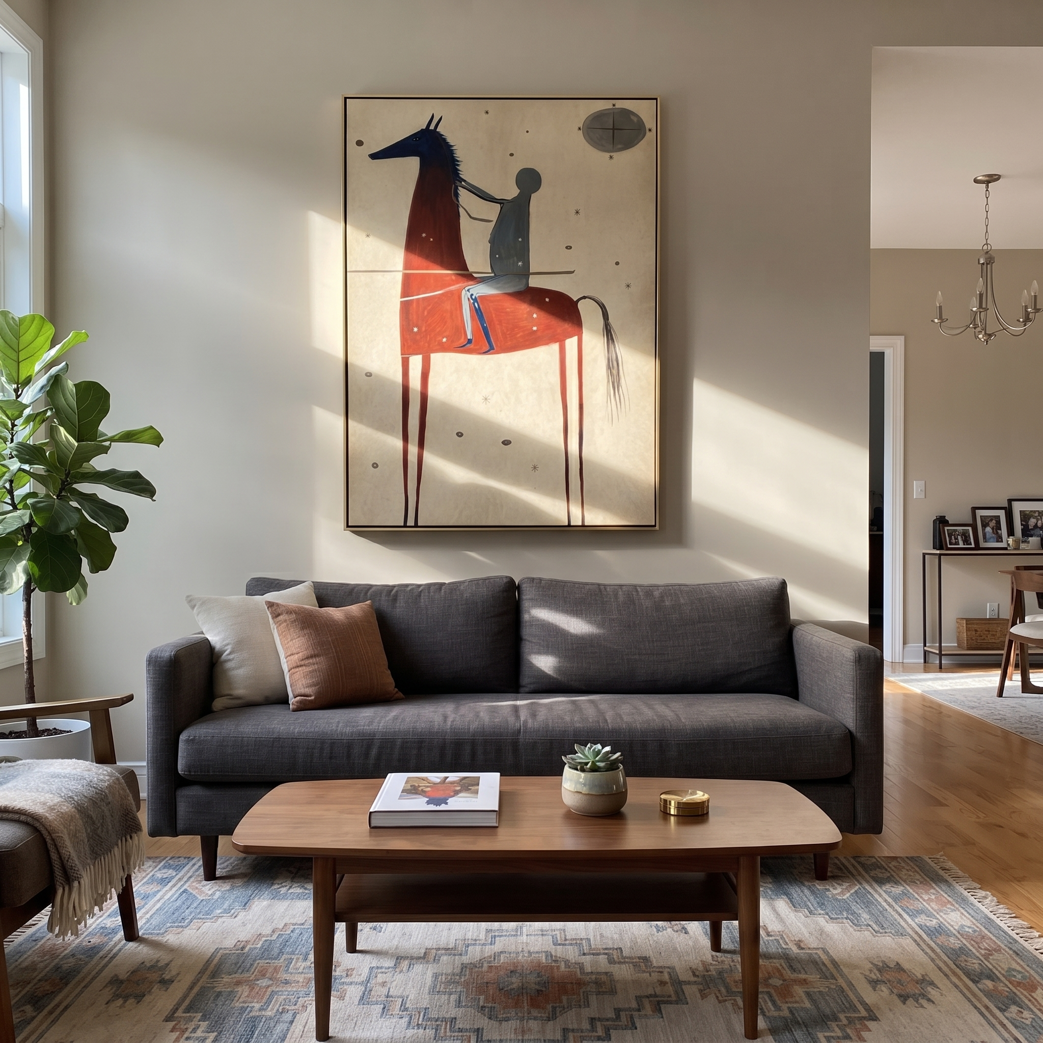 Moon Watches Red Horse - red horse rider painting by Isabelle Laurent, modern Western vertical wall art – styled room scene view 5