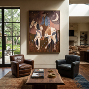Patchwork Rider Meets Crescent - patchwork horse rider painting by Isabelle Laurent, modern Western vertical wall art – styled room scene view 1