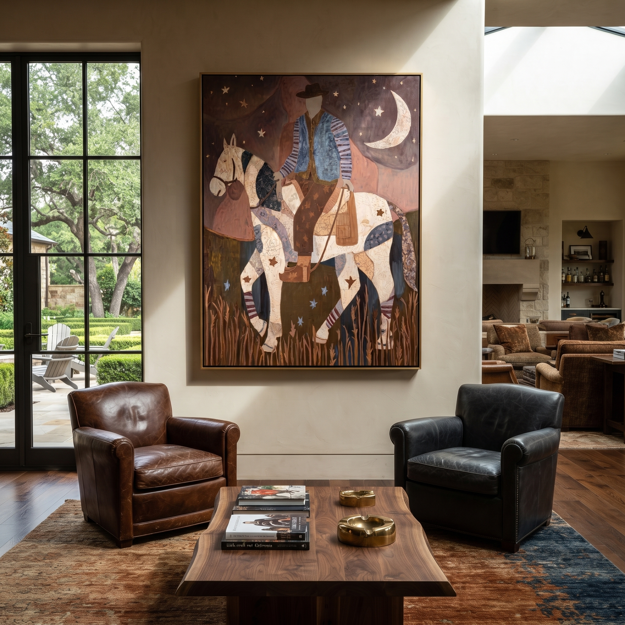 Patchwork Rider Meets Crescent - patchwork horse rider painting by Isabelle Laurent, modern Western vertical wall art – styled room scene view 1