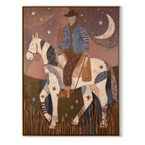Patchwork Rider Meets Crescent - patchwork horse rider painting by Isabelle Laurent, modern Western vertical wall art – wood frame on white background