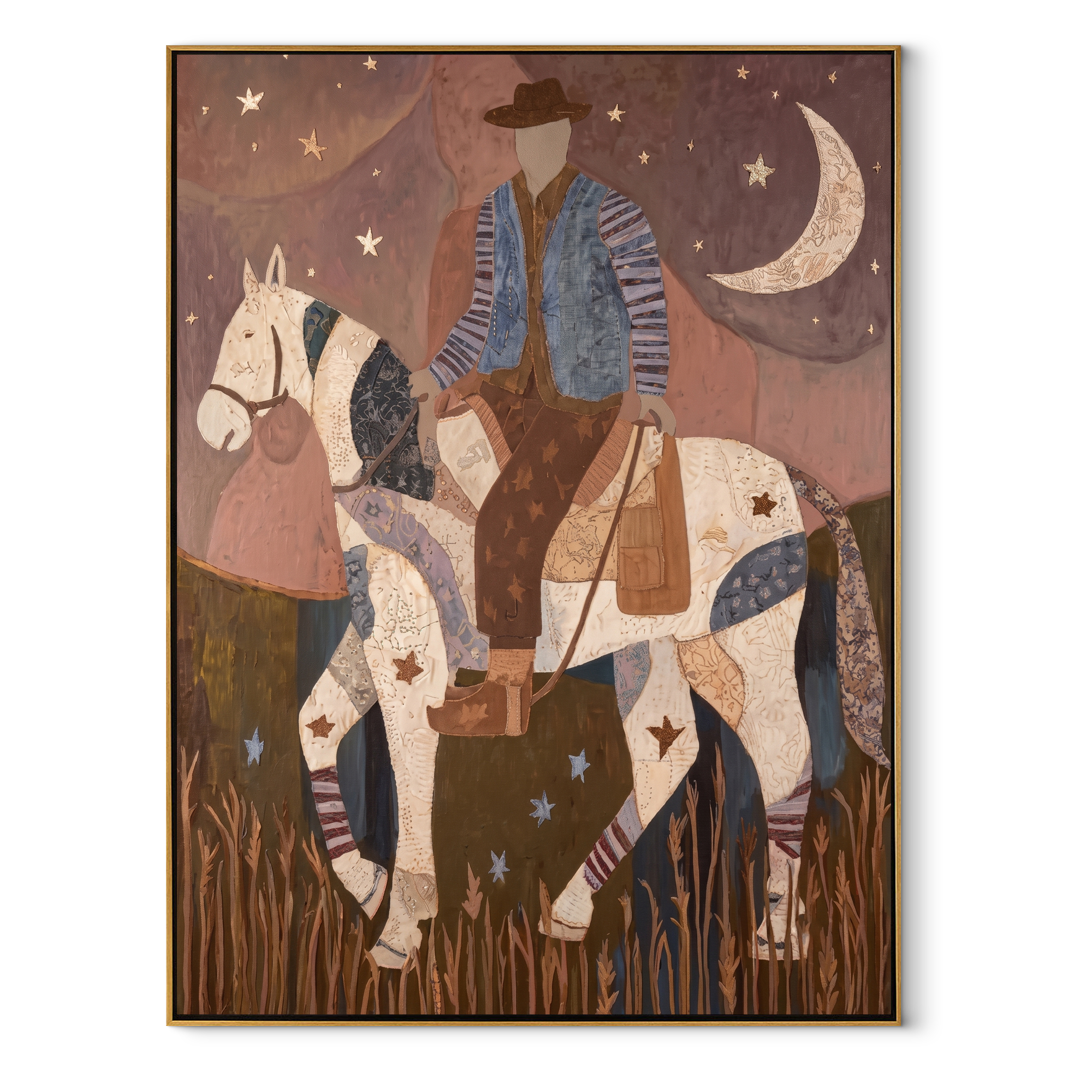 Patchwork Rider Meets Crescent - patchwork horse rider painting by Isabelle Laurent, modern Western vertical wall art – wood frame on white background