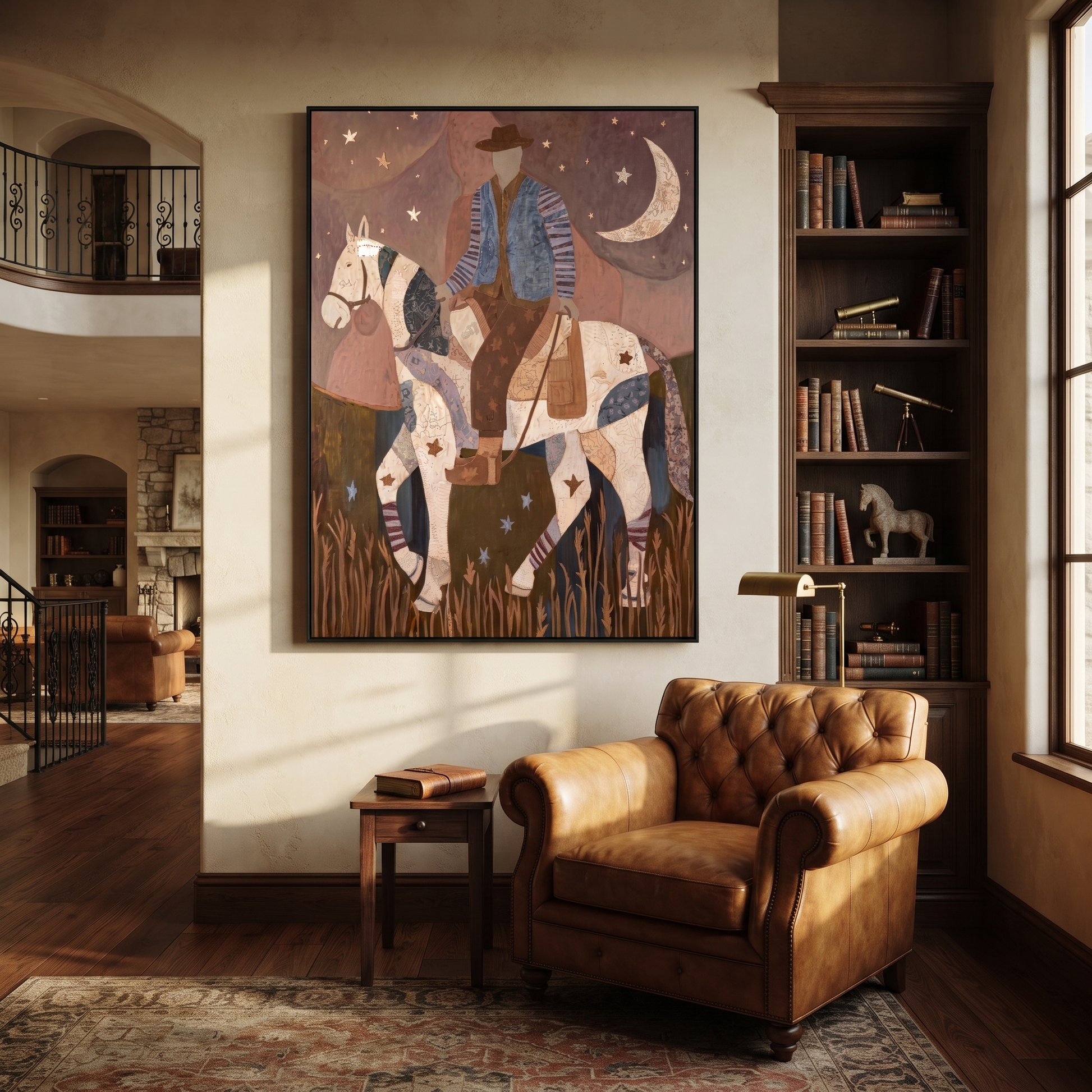 Patchwork Rider Meets Crescent - patchwork horse rider painting by Isabelle Laurent, modern Western vertical wall art – styled room scene view 2