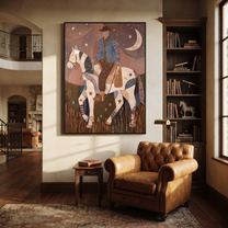 Patchwork Rider Meets Crescent - patchwork horse rider painting by Isabelle Laurent, modern Western vertical wall art – styled room scene view 2
