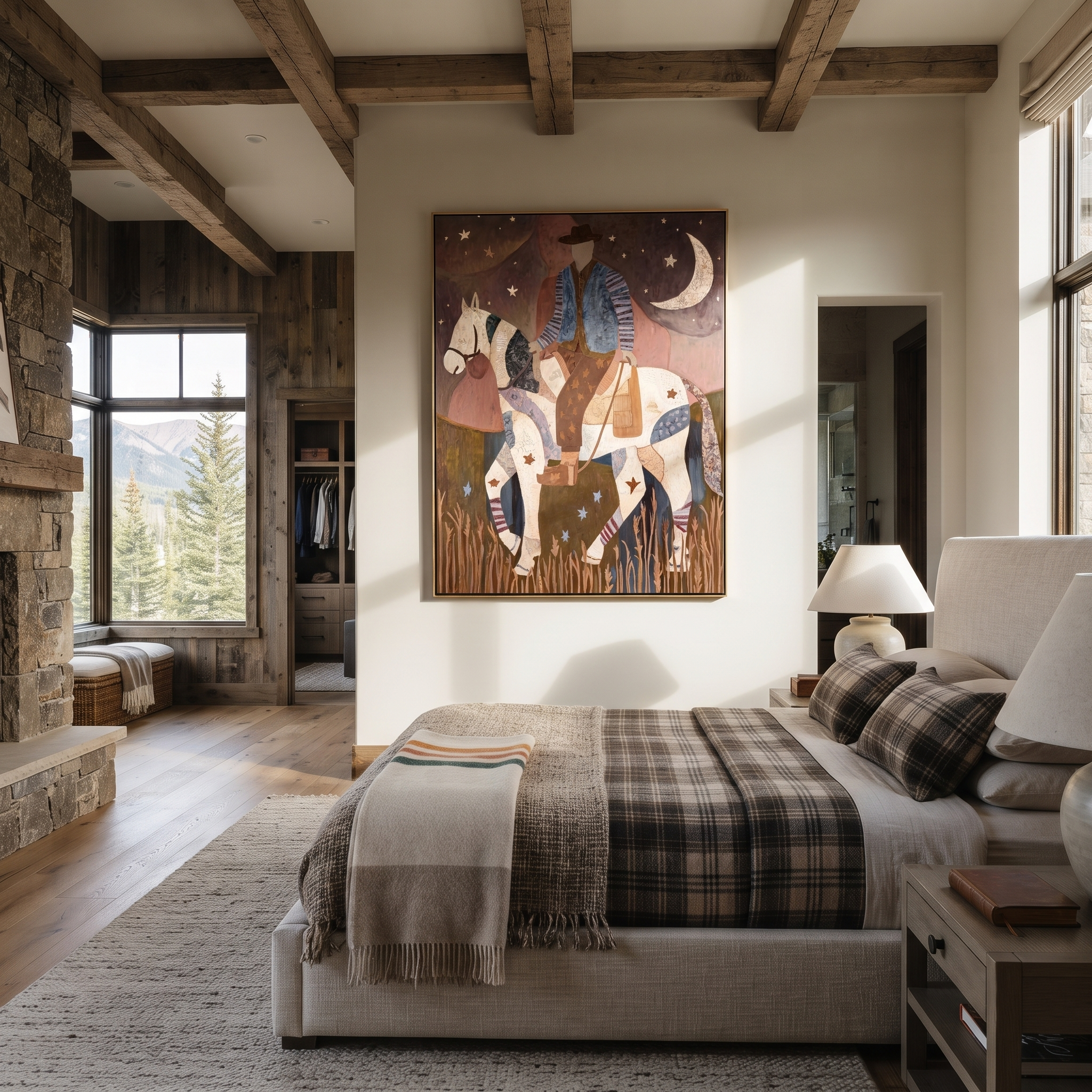 Patchwork Rider Meets Crescent - patchwork horse rider painting by Isabelle Laurent, modern Western vertical wall art – styled room scene view 3