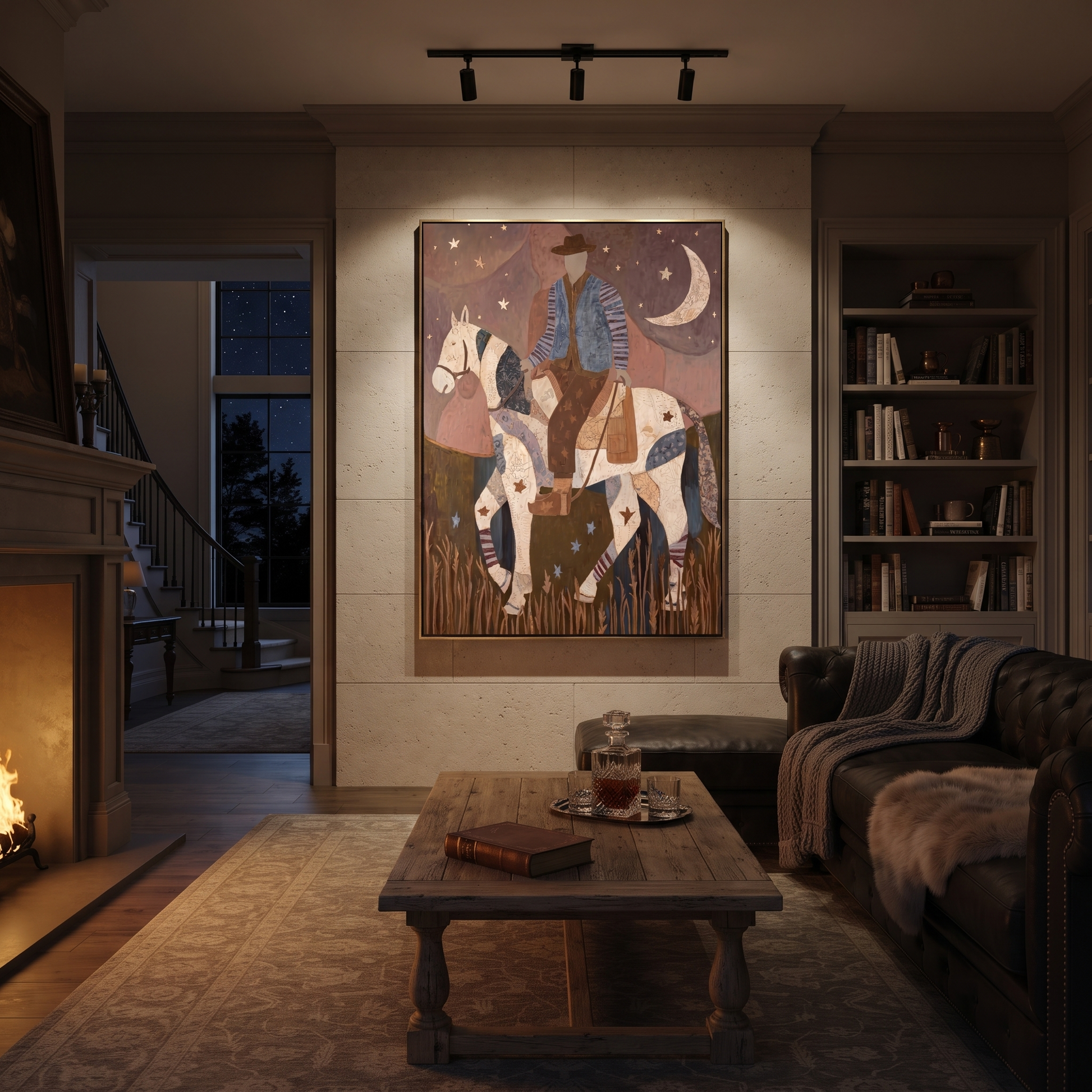 Patchwork Rider Meets Crescent - patchwork horse rider painting by Isabelle Laurent, modern Western vertical wall art – styled room scene view 4