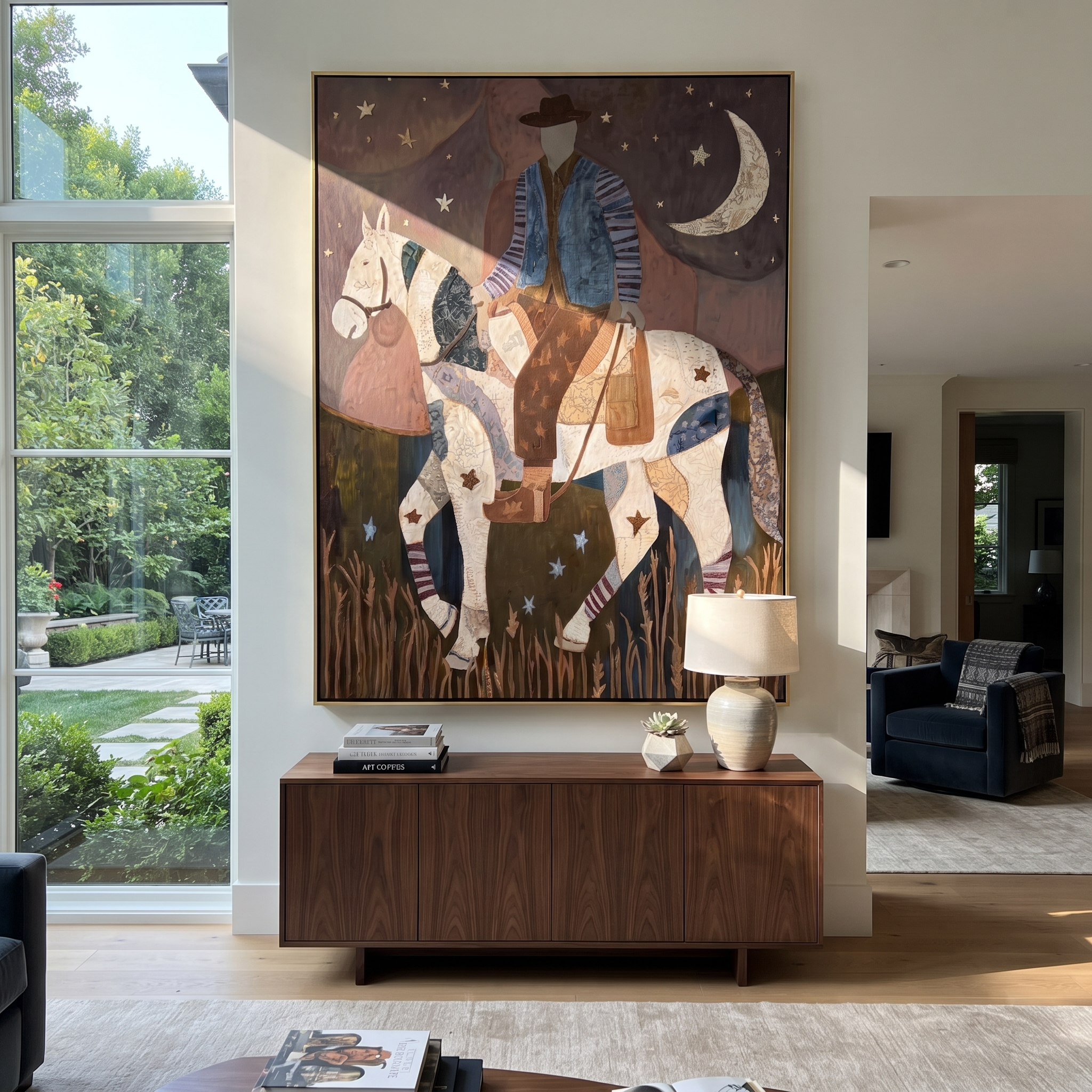 Patchwork Rider Meets Crescent - patchwork horse rider painting by Isabelle Laurent, modern Western vertical wall art – styled room scene view 5