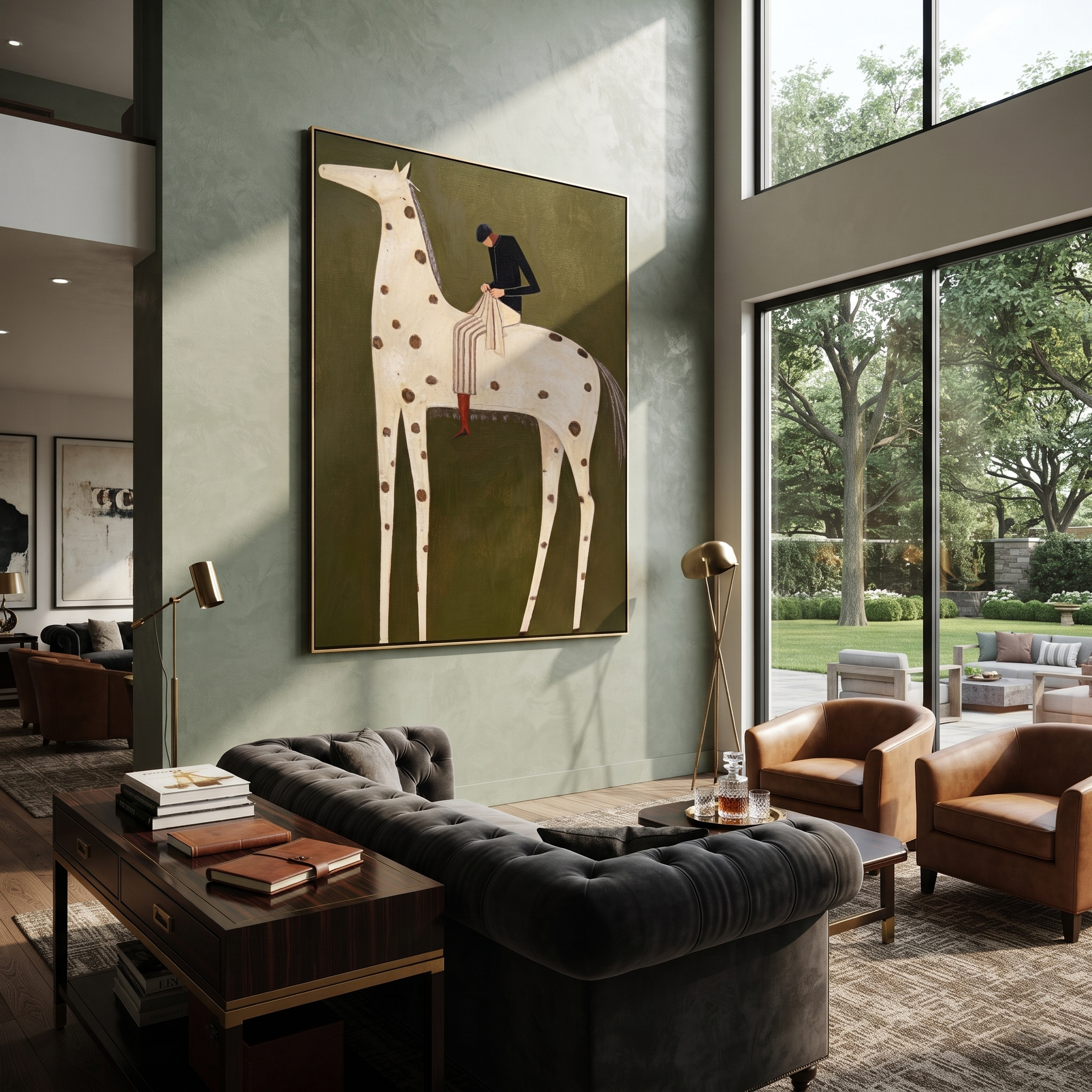 Brown Spots Carry Black - spotted white horse rider painting by Isabelle Laurent, modern Western vertical wall art – styled room scene view 1