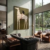 Brown Spots Carry Black - spotted white horse rider painting by Isabelle Laurent, modern Western vertical wall art – styled room scene view 1