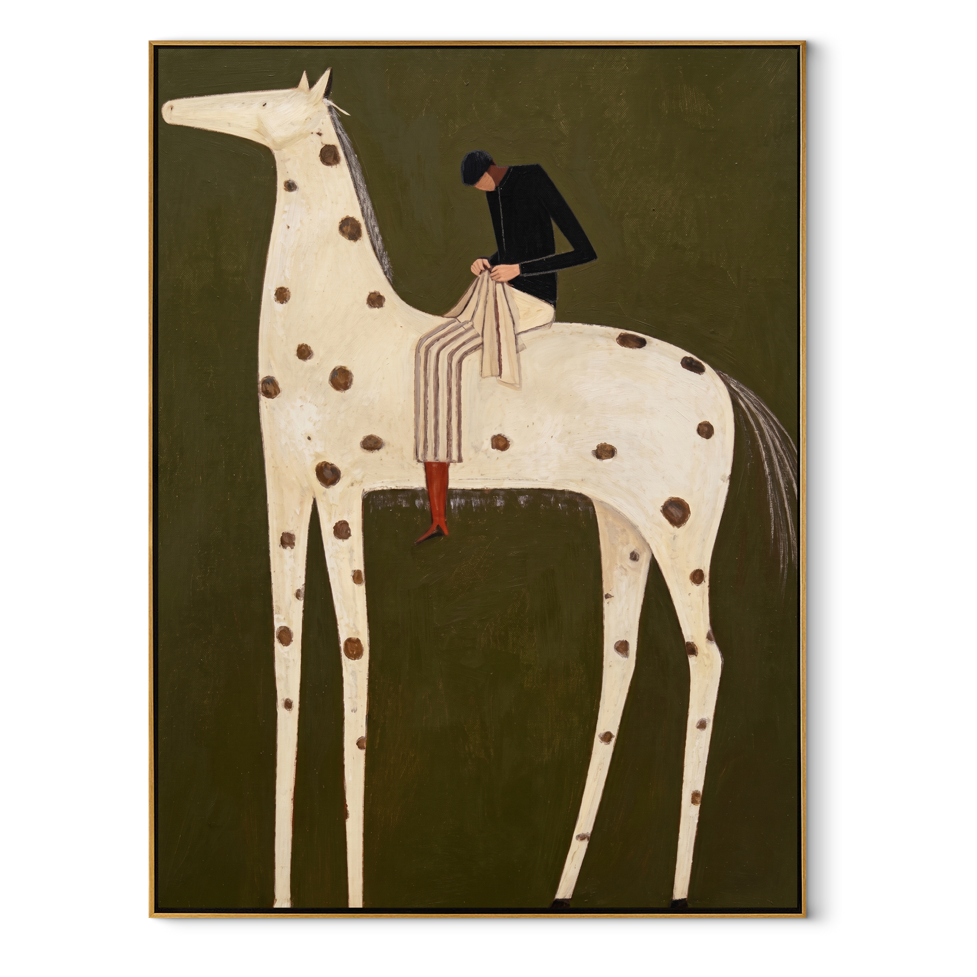 Brown Spots Carry Black - spotted white horse rider painting by Isabelle Laurent, modern Western vertical wall art – wood frame on white background