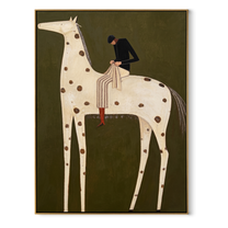Brown Spots Carry Black - spotted white horse rider painting by Isabelle Laurent, modern Western vertical wall art – wood frame on white background