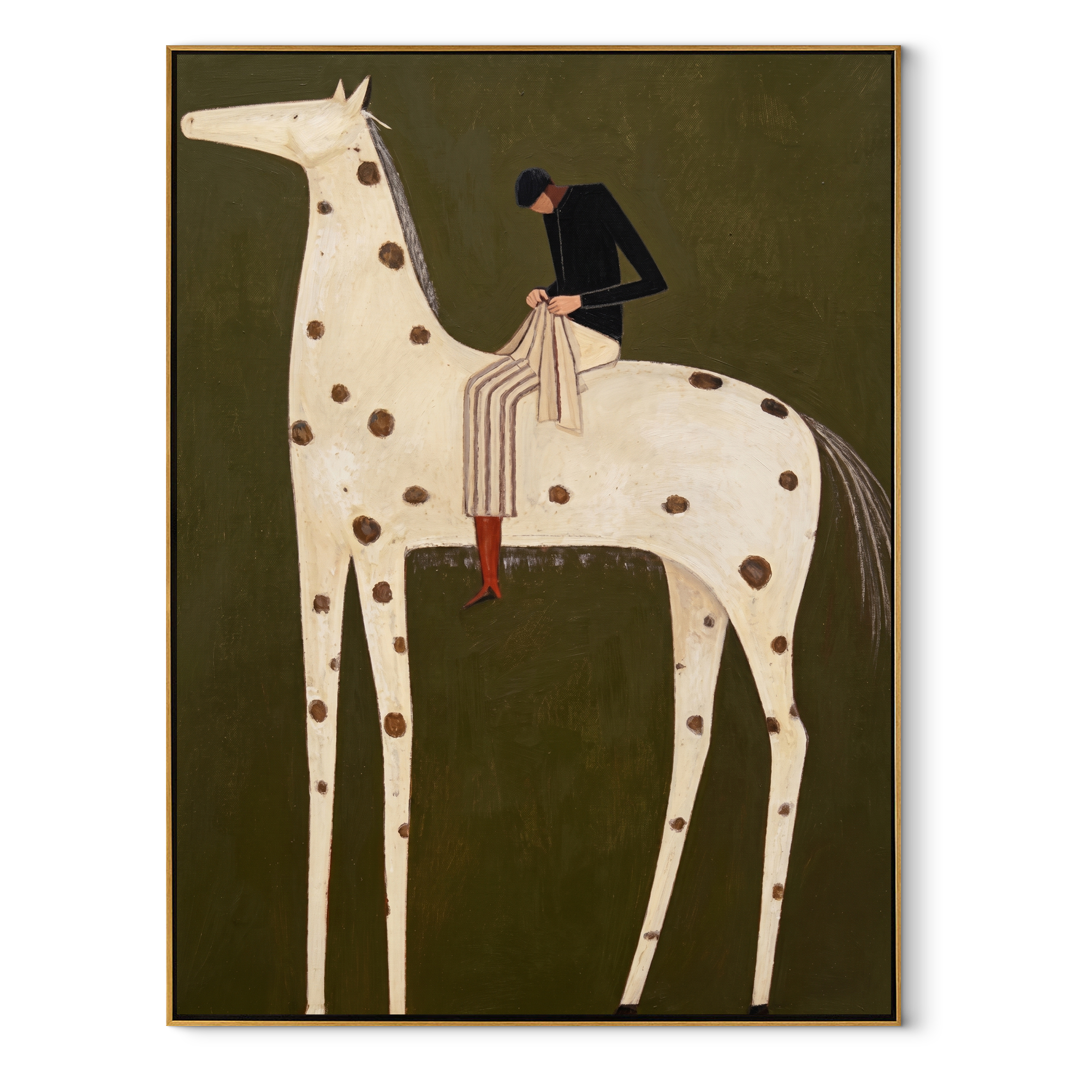 Brown Spots Carry Black - spotted white horse rider painting by Isabelle Laurent, modern Western vertical wall art – wood frame on white background