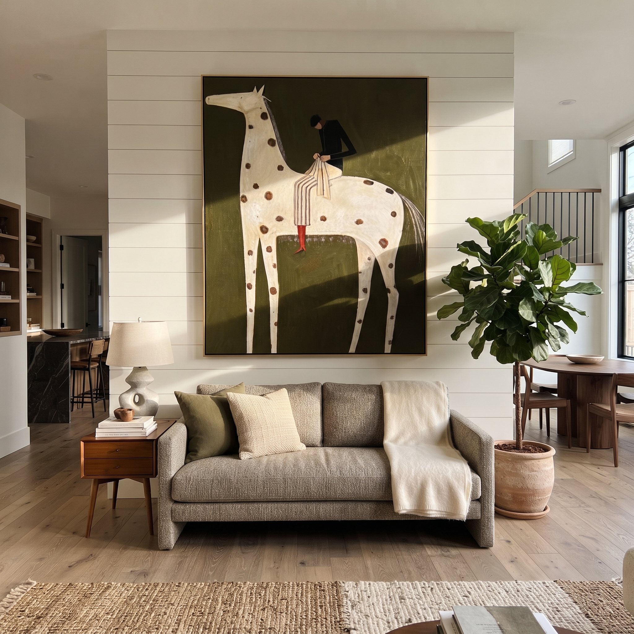 Brown Spots Carry Black - spotted white horse rider painting by Isabelle Laurent, modern Western vertical wall art – styled room scene view 2