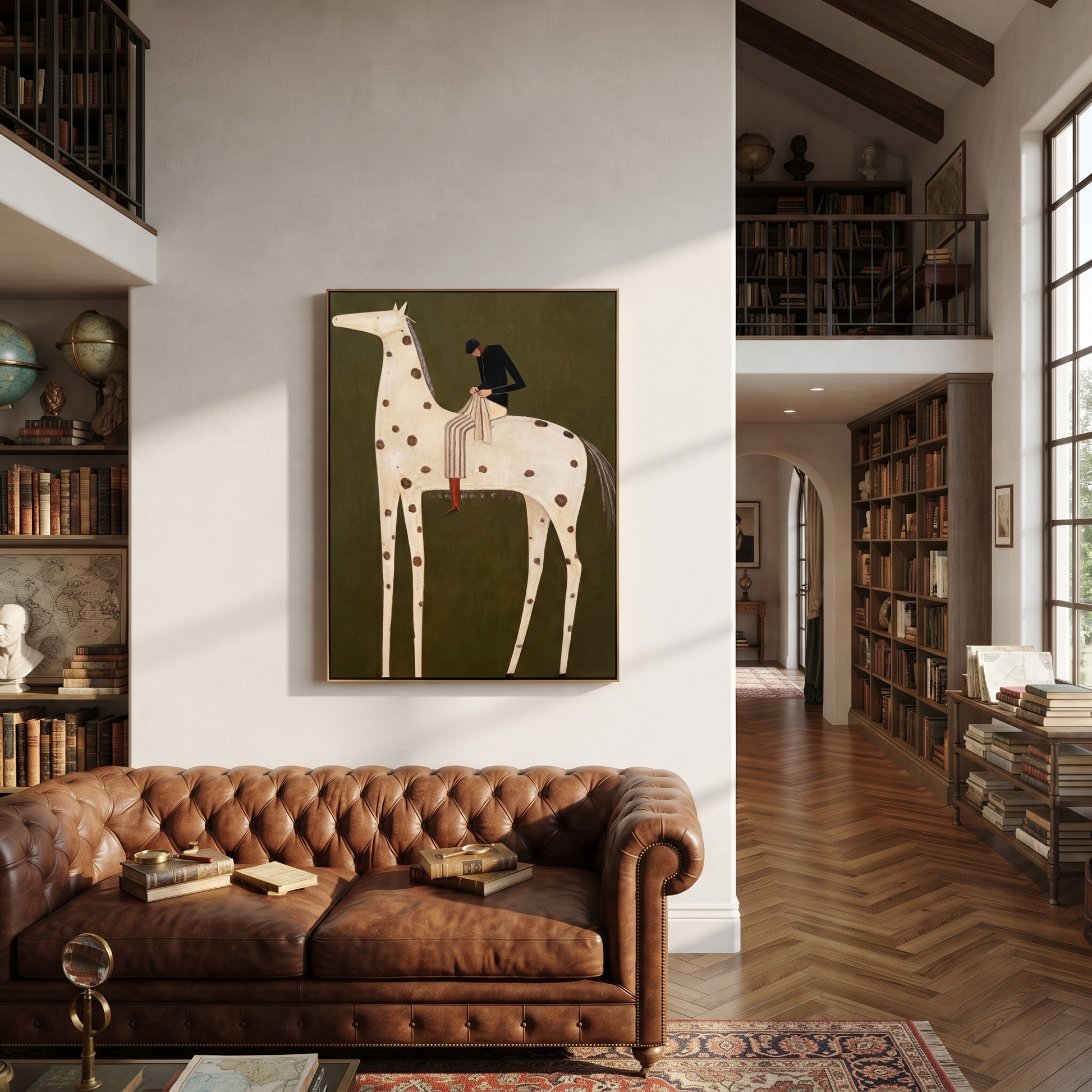 Brown Spots Carry Black - spotted white horse rider painting by Isabelle Laurent, modern Western vertical wall art – styled room scene view 3