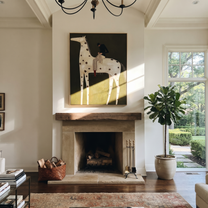 Brown Spots Carry Black - spotted white horse rider painting by Isabelle Laurent, modern Western vertical wall art – styled room scene view 5