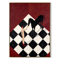 Black Horse Bends Checked - horse and standing figure painting by Isabelle Laurent, modern Western vertical wall art – wood frame on white background
