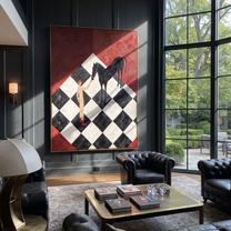 Black Horse Bends Checked - horse and standing figure painting by Isabelle Laurent, modern Western vertical wall art – styled room scene view 2